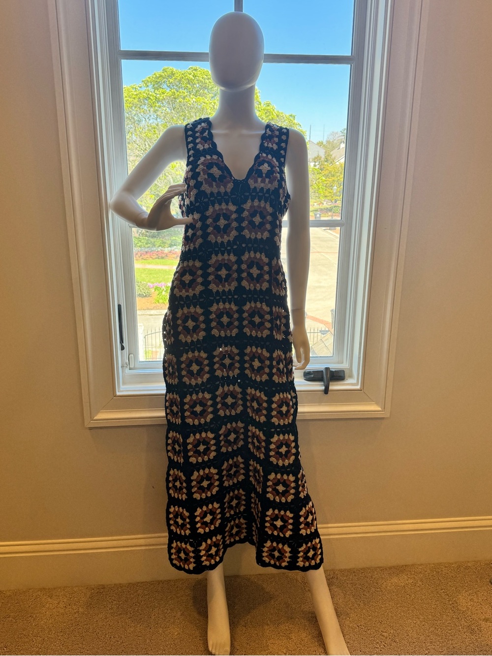 Black Crochet Maxi Dress with Beige Accents - Sleeveless V-Neck